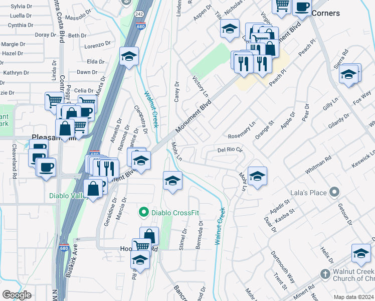 map of restaurants, bars, coffee shops, grocery stores, and more near 1080 Mohr Lane in Concord