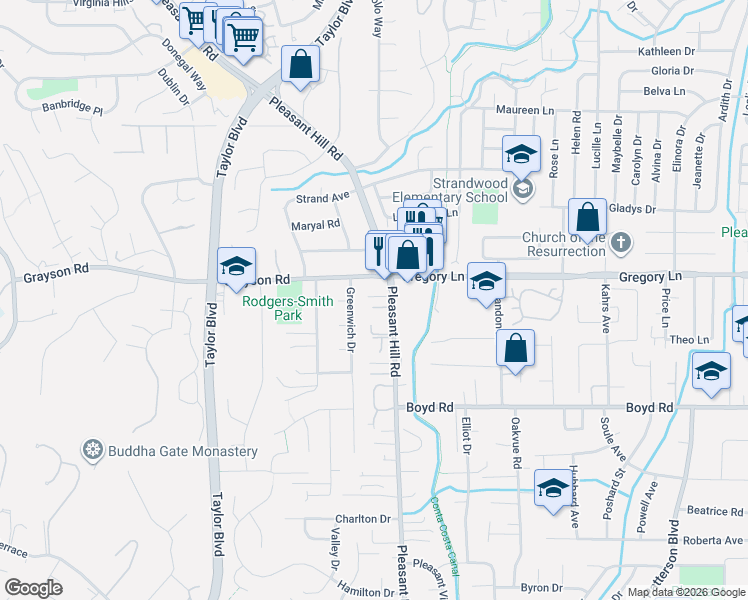 map of restaurants, bars, coffee shops, grocery stores, and more near 427 Kingsley Court in Pleasant Hill