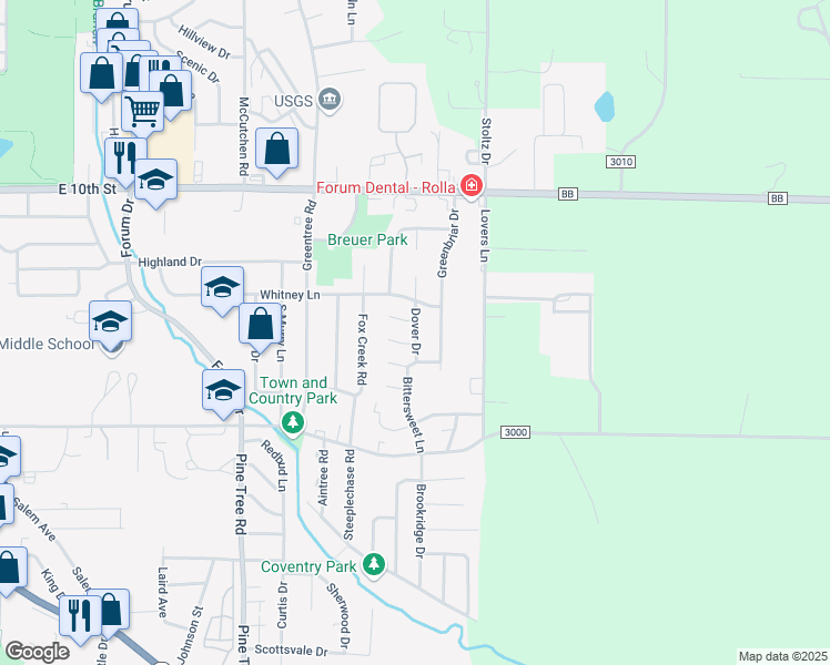 map of restaurants, bars, coffee shops, grocery stores, and more near 401 Dover Drive in Rolla