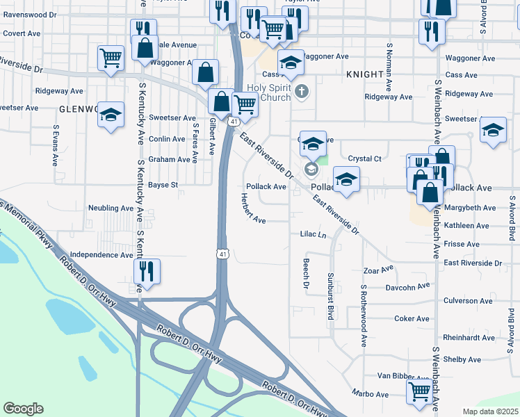 map of restaurants, bars, coffee shops, grocery stores, and more near 2301 Maplewood Circle in Evansville