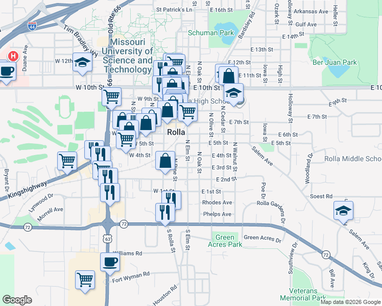 map of restaurants, bars, coffee shops, grocery stores, and more near 109 East 4th Street in Rolla