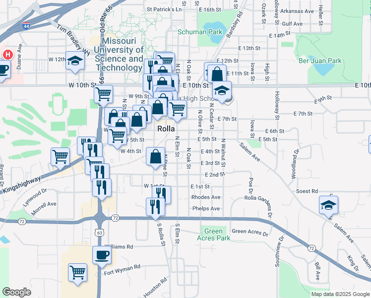 map of restaurants, bars, coffee shops, grocery stores, and more near 109 East 4th Street in Rolla