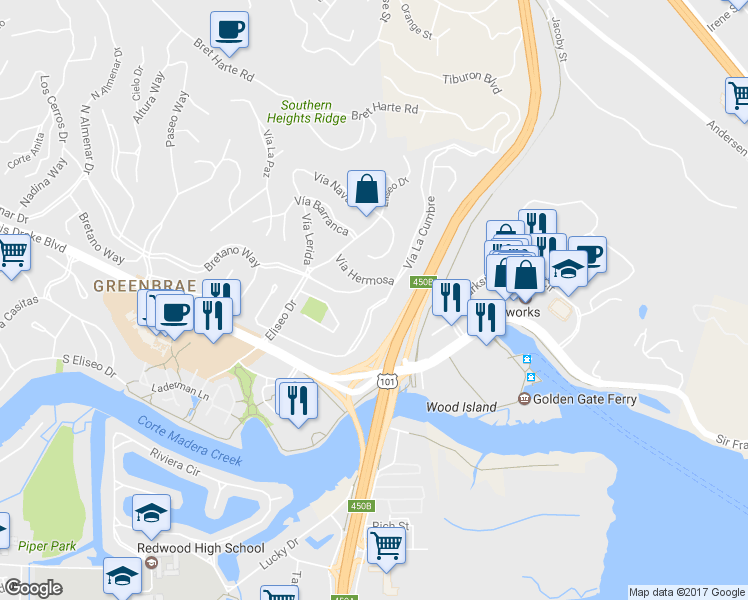 map of restaurants, bars, coffee shops, grocery stores, and more near 85 Vía La Cumbre in Larkspur
