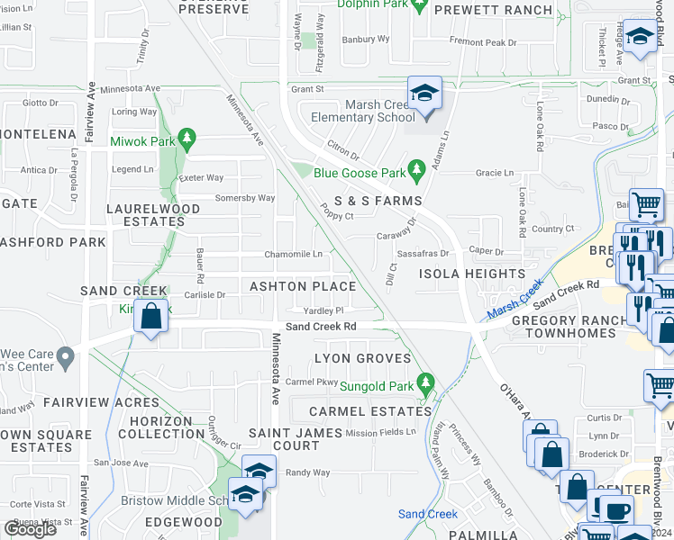 map of restaurants, bars, coffee shops, grocery stores, and more near 977 Chamomile Lane in Brentwood