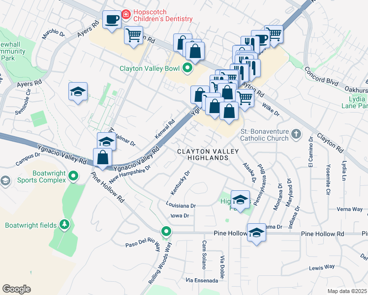 map of restaurants, bars, coffee shops, grocery stores, and more near 5456 Roundtree Drive in Concord