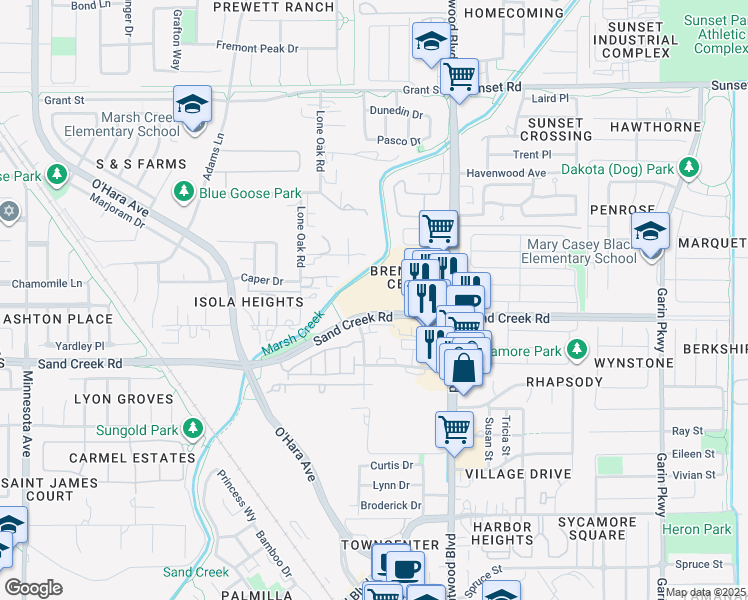 map of restaurants, bars, coffee shops, grocery stores, and more near 141 Sand Creek Road in Brentwood