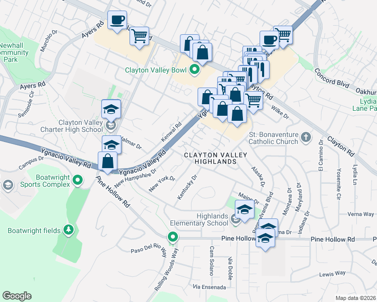 map of restaurants, bars, coffee shops, grocery stores, and more near 5442 Michigan Boulevard in Concord