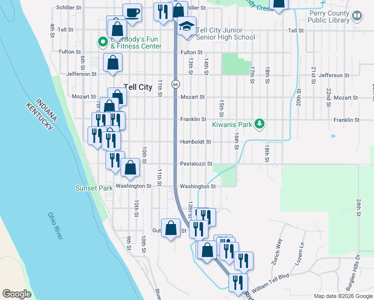 map of restaurants, bars, coffee shops, grocery stores, and more near 400-498 13th St in Tell City