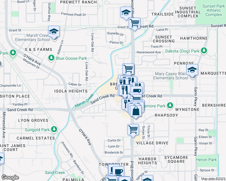 map of restaurants, bars, coffee shops, grocery stores, and more near 141 Sand Creek Road in Brentwood