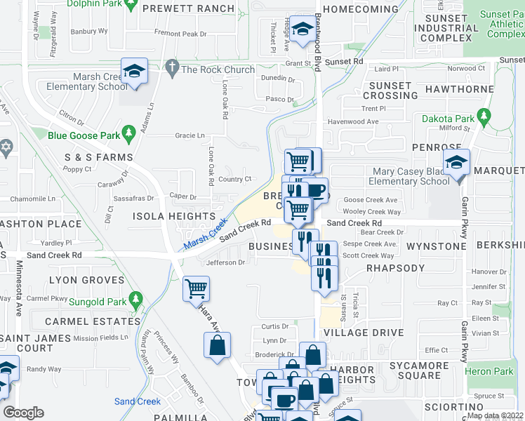 map of restaurants, bars, coffee shops, grocery stores, and more near 141 Sand Creek Road in Brentwood