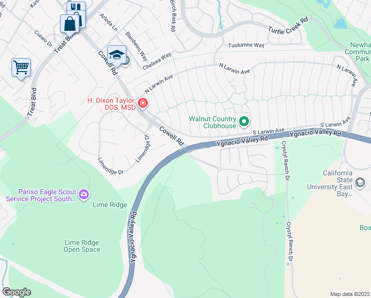 map of restaurants, bars, coffee shops, grocery stores, and more near Ygnacio Valley Road & Cowell Road in Concord