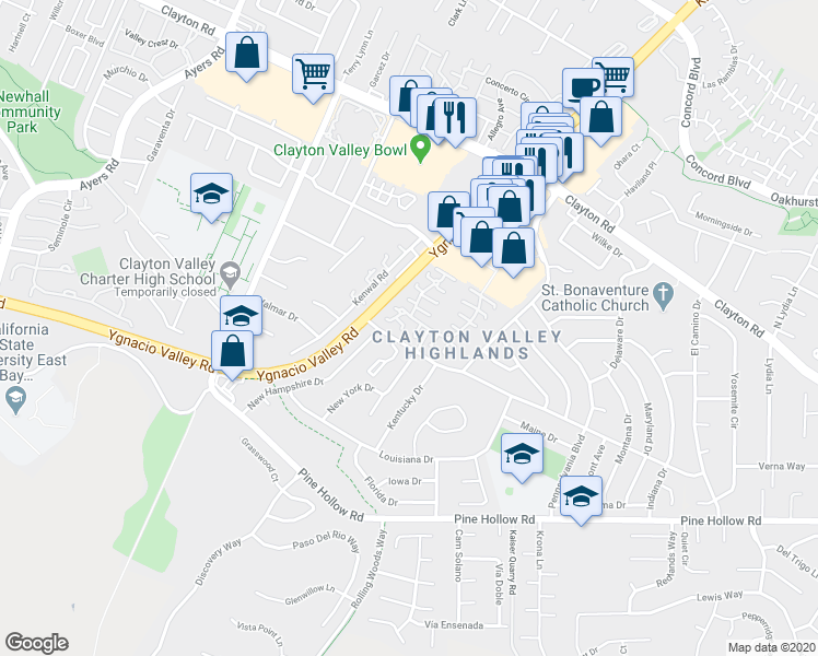 map of restaurants, bars, coffee shops, grocery stores, and more near 5442 Michigan Boulevard in Concord