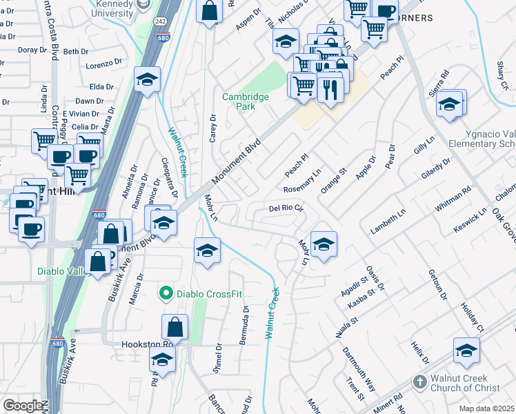 map of restaurants, bars, coffee shops, grocery stores, and more near 1380 Del Rio Circle in Concord