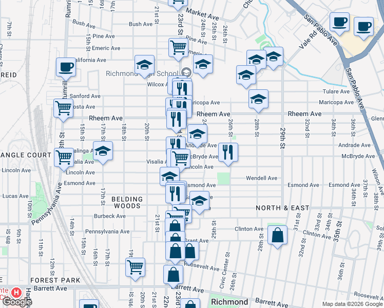 map of restaurants, bars, coffee shops, grocery stores, and more near 2358 McBryde Avenue in Richmond