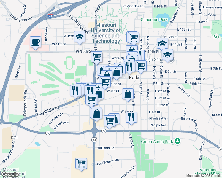 map of restaurants, bars, coffee shops, grocery stores, and more near 309 Park Street in Rolla