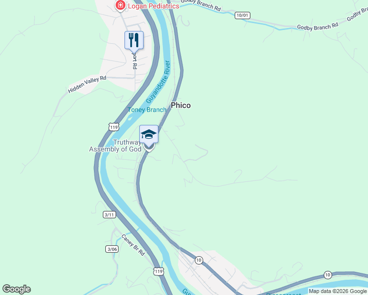 map of restaurants, bars, coffee shops, grocery stores, and more near 142 Bentley Branch Road in Chapmanville