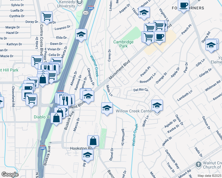 map of restaurants, bars, coffee shops, grocery stores, and more near 1096 Mohr Lane in Concord