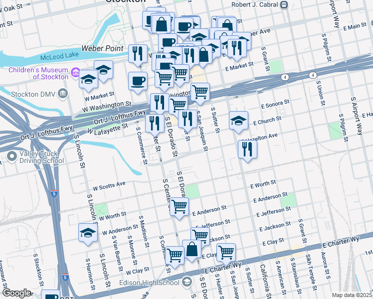 map of restaurants, bars, coffee shops, grocery stores, and more near 529 South Hunter Street in Stockton