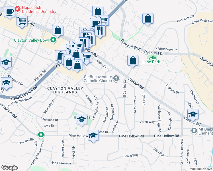 map of restaurants, bars, coffee shops, grocery stores, and more near 1415 Delaware Drive in Concord