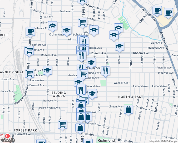 map of restaurants, bars, coffee shops, grocery stores, and more near 2358 McBryde Avenue in Richmond