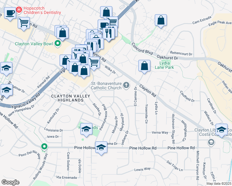 map of restaurants, bars, coffee shops, grocery stores, and more near 1415 Delaware Drive in Concord