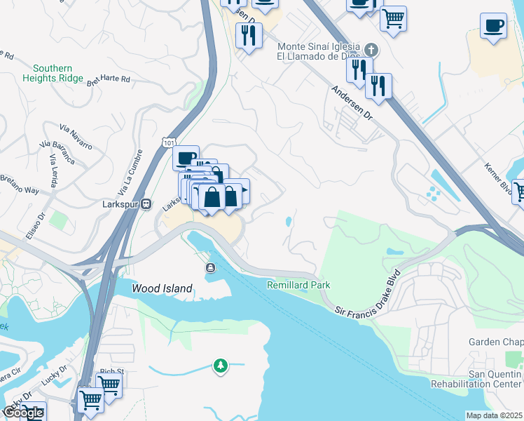 map of restaurants, bars, coffee shops, grocery stores, and more near 9 Drake's Way in Larkspur