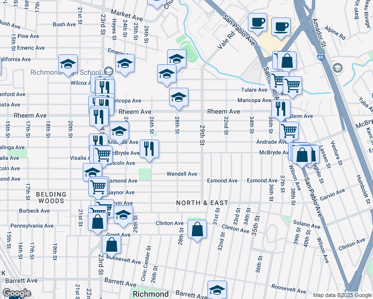 map of restaurants, bars, coffee shops, grocery stores, and more near 2840 McBryde Avenue in Richmond