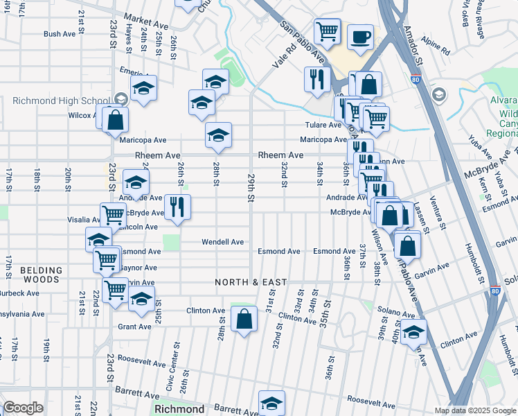 map of restaurants, bars, coffee shops, grocery stores, and more near 2917 McBryde Avenue in Richmond