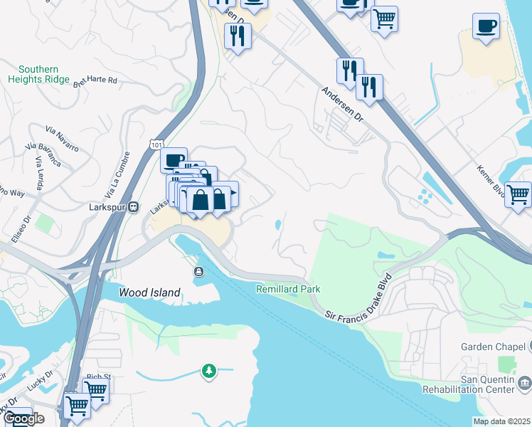 map of restaurants, bars, coffee shops, grocery stores, and more near 33 Drake's Way in Larkspur