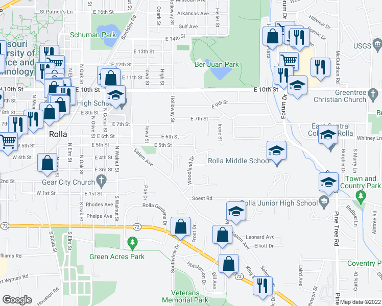 map of restaurants, bars, coffee shops, grocery stores, and more near 403 Woodland Drive in Rolla