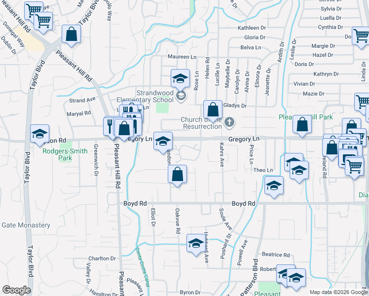 map of restaurants, bars, coffee shops, grocery stores, and more near 87 Rolling Green Circle in Pleasant Hill