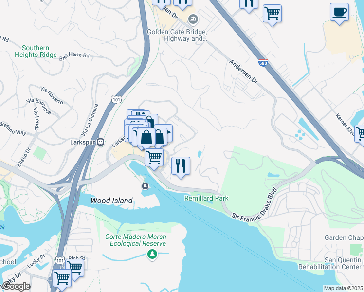 map of restaurants, bars, coffee shops, grocery stores, and more near 13 Drake's Way in Larkspur