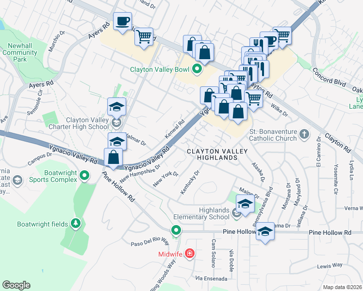 map of restaurants, bars, coffee shops, grocery stores, and more near 5442 Michigan Boulevard in Concord