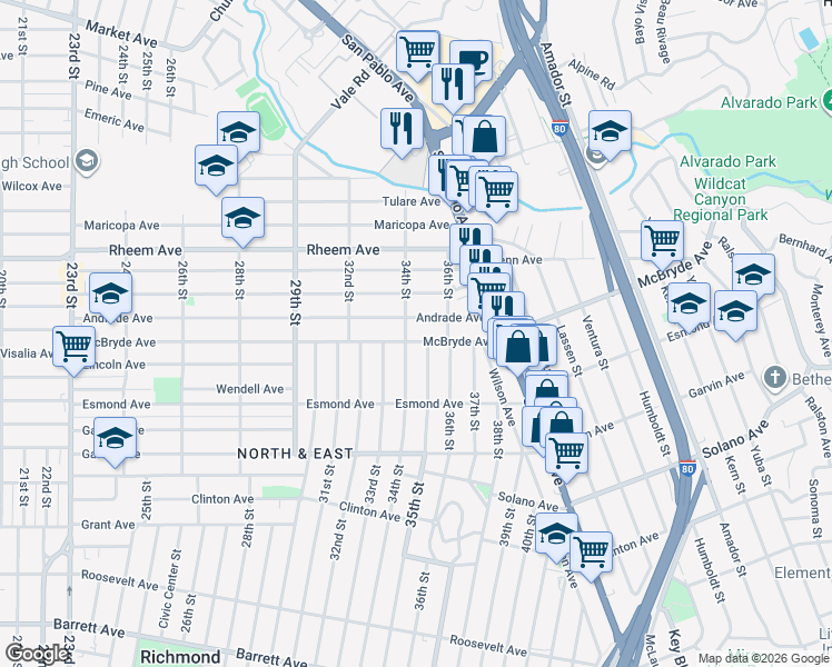 map of restaurants, bars, coffee shops, grocery stores, and more near 3416 McBryde Avenue in Richmond