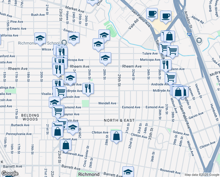 map of restaurants, bars, coffee shops, grocery stores, and more near 2840 McBryde Avenue in Richmond