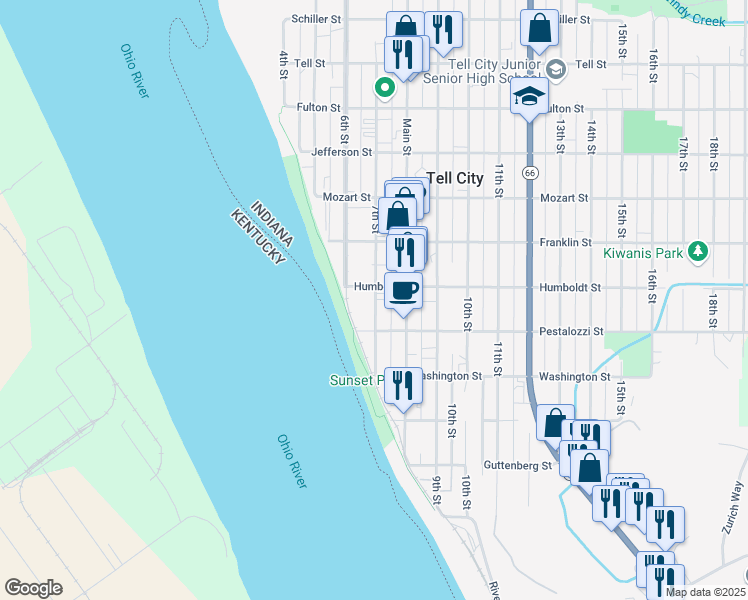map of restaurants, bars, coffee shops, grocery stores, and more near 409 Main Street in Tell City