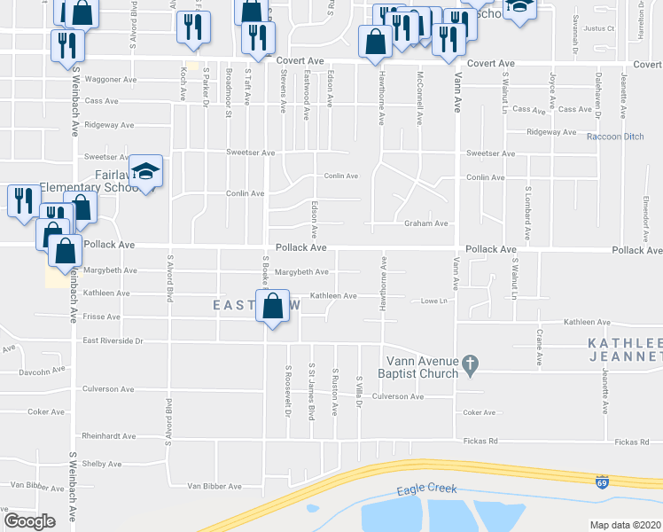 map of restaurants, bars, coffee shops, grocery stores, and more near 2563 Margybeth Avenue in Evansville