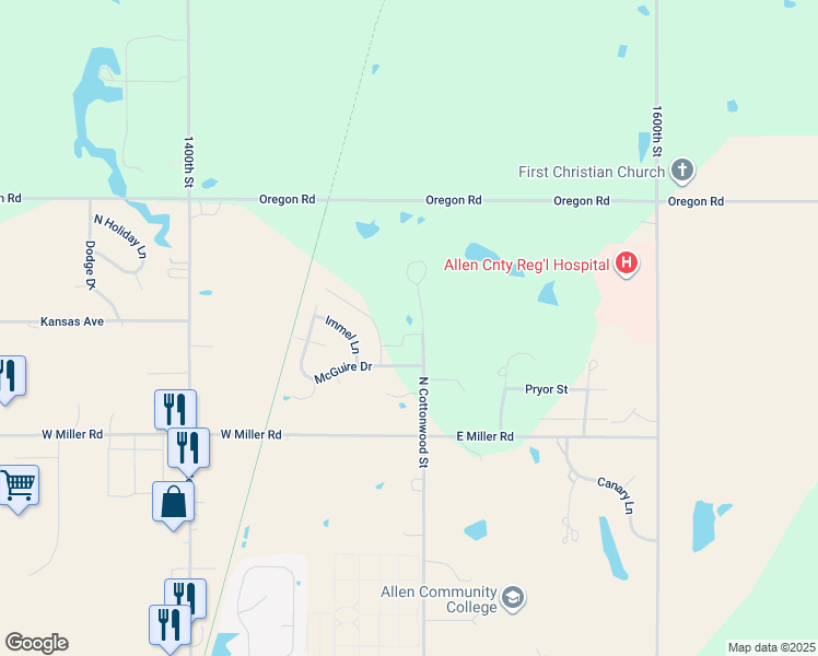 map of restaurants, bars, coffee shops, grocery stores, and more near 2607 Cedarbrook Drive in Iola