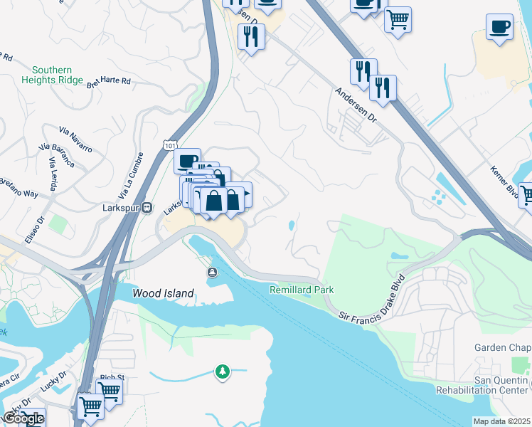 map of restaurants, bars, coffee shops, grocery stores, and more near 13 Drake's Way in Larkspur