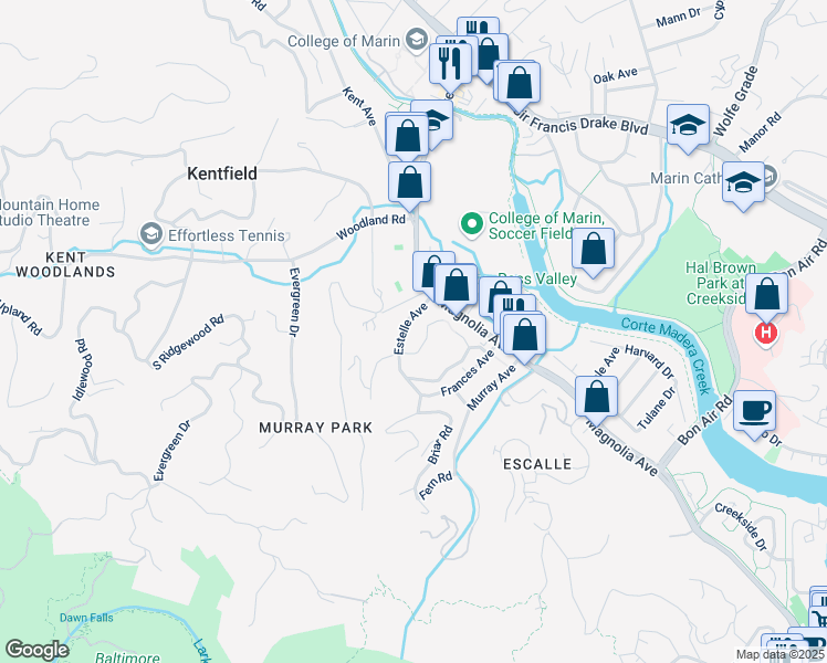 map of restaurants, bars, coffee shops, grocery stores, and more near 41 Estelle Avenue in Larkspur
