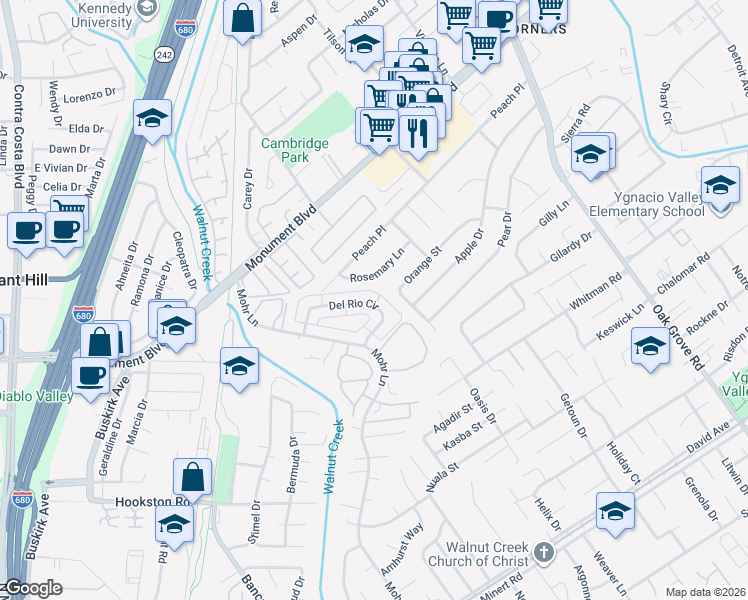 map of restaurants, bars, coffee shops, grocery stores, and more near 1477 Del Rio Circle in Concord