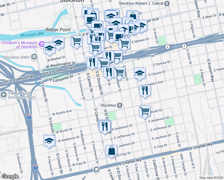map of restaurants, bars, coffee shops, grocery stores, and more near 203 East Hazelton Avenue in Stockton