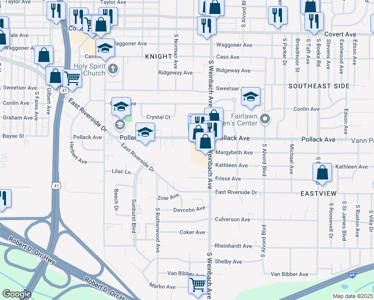 map of restaurants, bars, coffee shops, grocery stores, and more near 1801 Pollack Avenue in Evansville