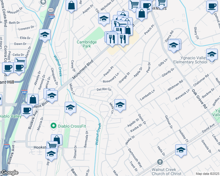 map of restaurants, bars, coffee shops, grocery stores, and more near 1459 Del Rio Circle in Concord