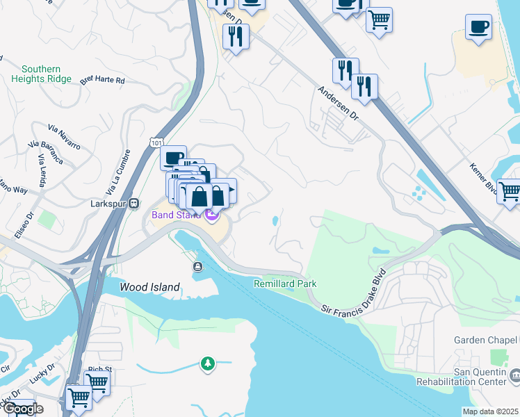 map of restaurants, bars, coffee shops, grocery stores, and more near 27 Drake's Way in Larkspur