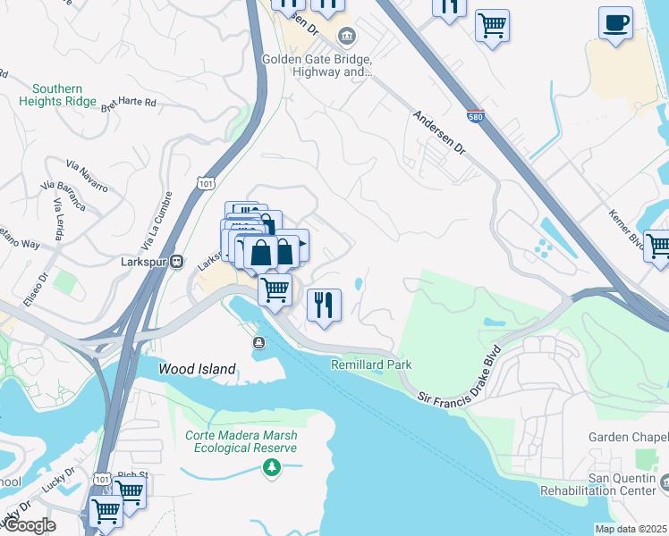 map of restaurants, bars, coffee shops, grocery stores, and more near 21 Drake's Way in Larkspur