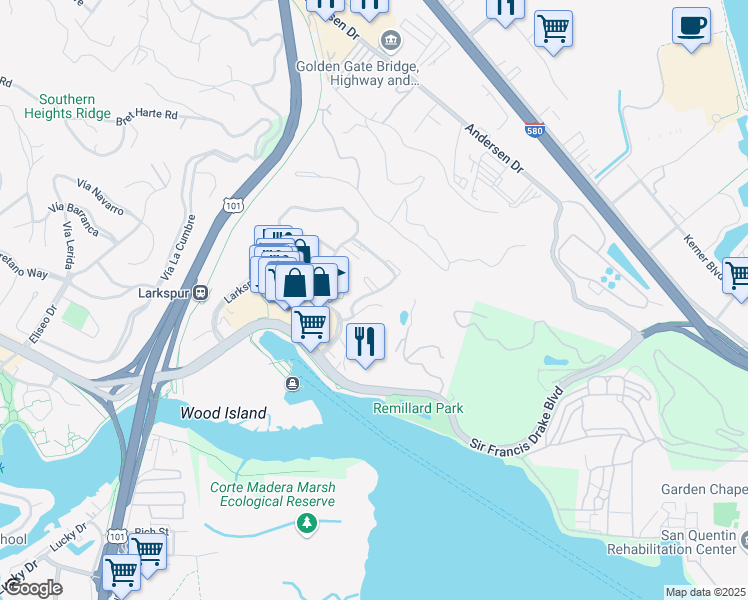 map of restaurants, bars, coffee shops, grocery stores, and more near 19 Drake's Way in Larkspur