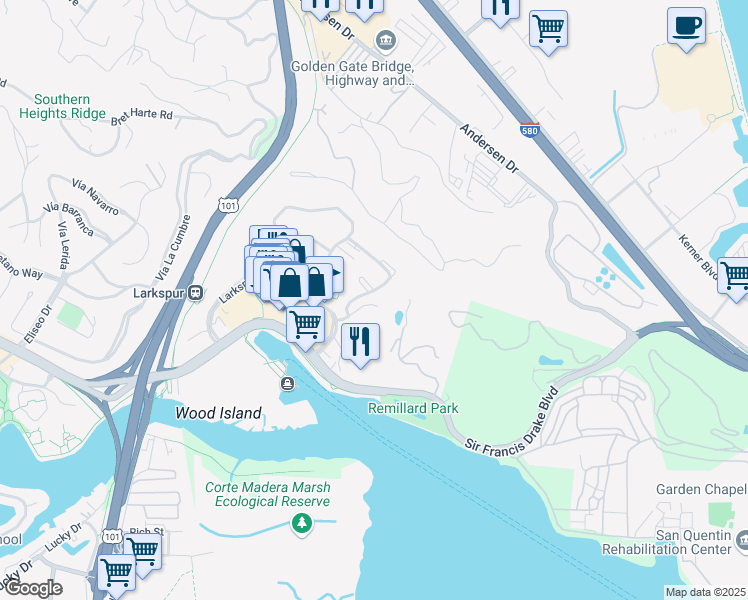 map of restaurants, bars, coffee shops, grocery stores, and more near 25 Drake's Way in Larkspur