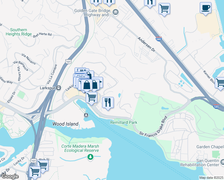 map of restaurants, bars, coffee shops, grocery stores, and more near 25 Drake's Way in Larkspur