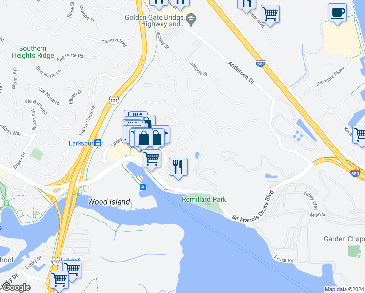 map of restaurants, bars, coffee shops, grocery stores, and more near 19 Drake's Way in Larkspur